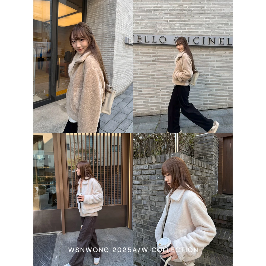 Wsnwong <现货>翻领羊羔毛短外套加厚绒感保暖上衣毛毛冬款外衣女