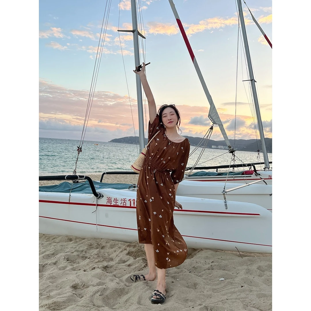 【花间集真丝碎花裙】100蚕丝16mm双绉^抽碎褶|A字连衣裙L0689