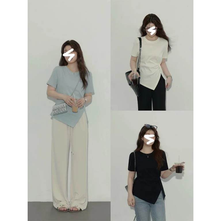 现货【嘎嘎】欧若风胖MM大码开叉新款时尚显瘦设计感上衣T恤04039D