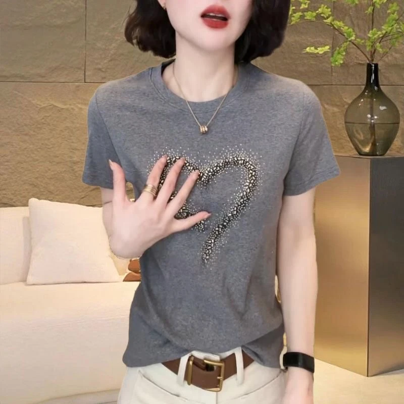 纯棉欧货短袖T恤2025夏季新款设计时尚烫钻爱心圆领百搭上衣女