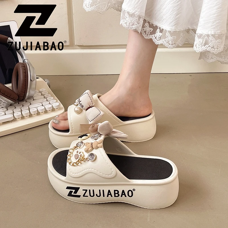 足家宝夏季夏天外穿凉拖高跟青年韩版中跟百搭松糕跟一字带凉鞋