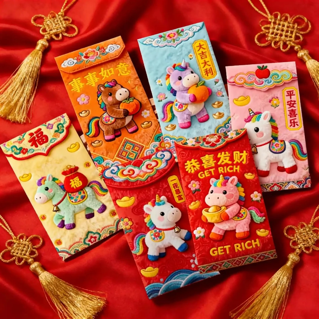 2026马年5D平面绒毛刺绣风格可爱卡通Q版春节红包