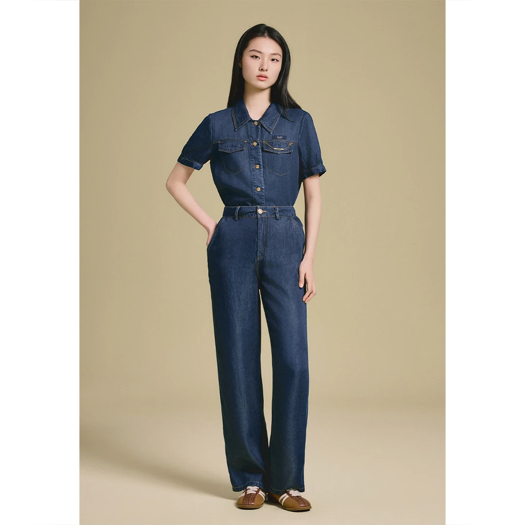 诗篇显瘦气质时尚休闲直筒设计感复古连体阔腿牛仔裤6C65220083