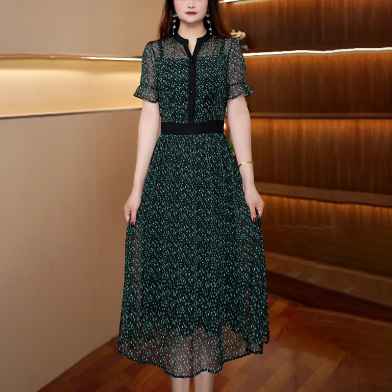 [绿点点]新款百搭显瘦连衣裙女中长款373