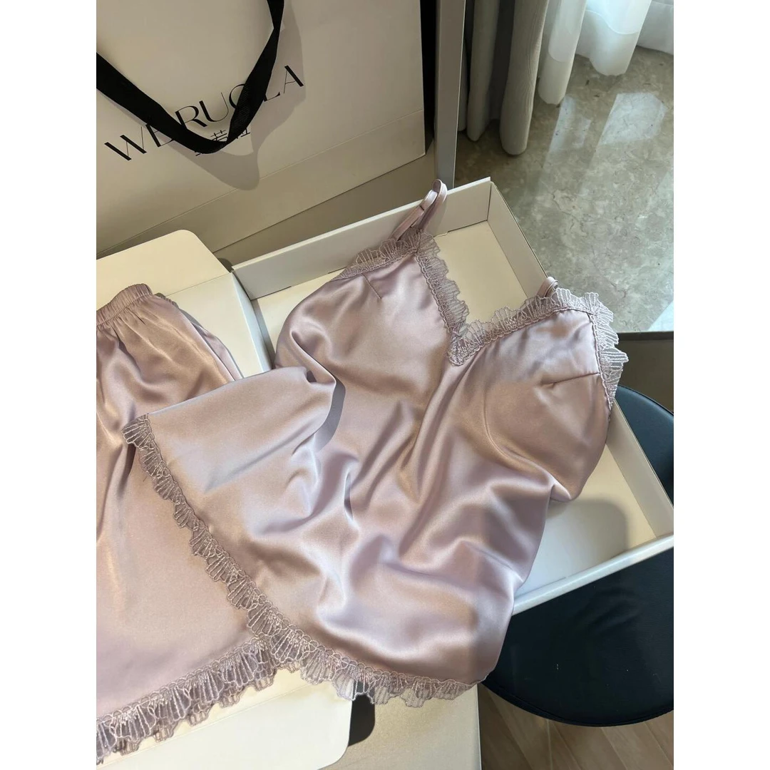 夏季新款吊带短裤两件套薄款冰丝睡衣女带胸垫纯欲风家居服可外穿