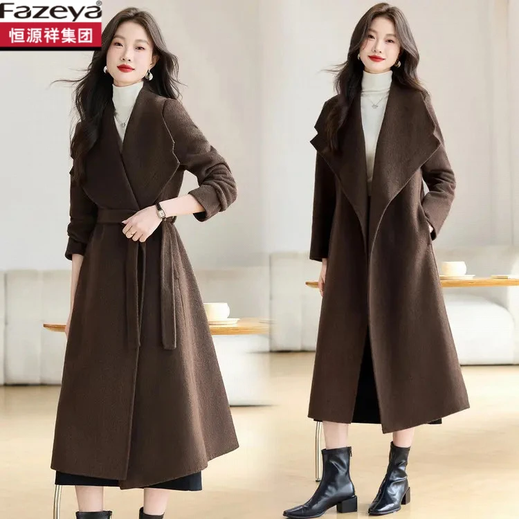 恒源祥集团彩羊秋冬尚显瘦双面呢外套女款甜美风宽松长款加厚翻领