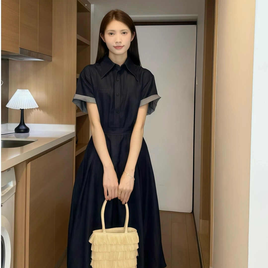 复古休闲大码收腰显瘦牛仔短袖小个子连衣裙女夏季新款微胖短裙子