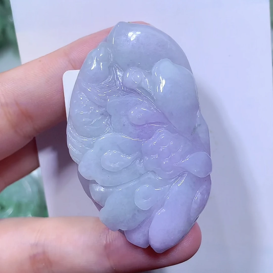 缅甸天然翡翠A货翡翠紫罗兰莲花金鱼吊坠