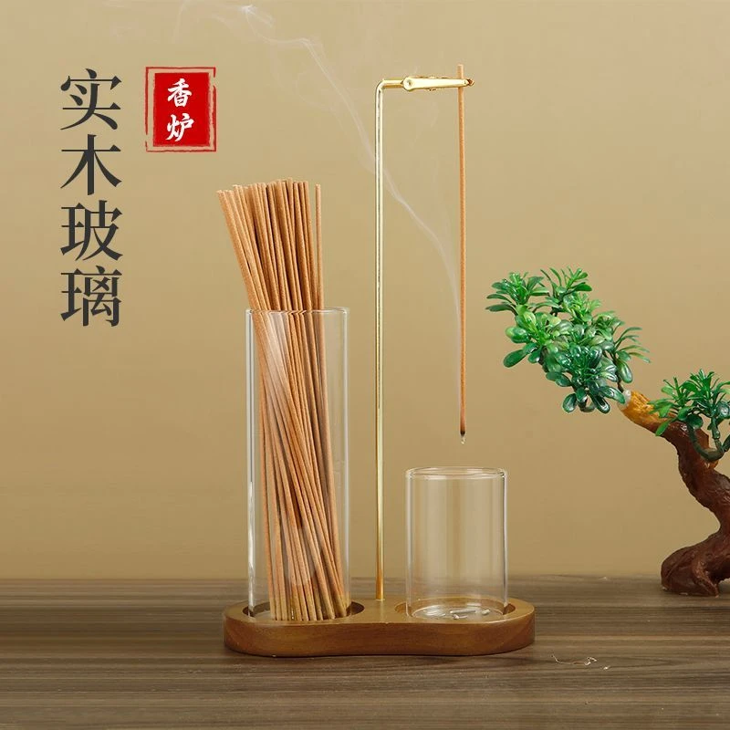 简约现代香插实木橡胶木制香炉线香筒玻璃薰香炉手工制作中透明