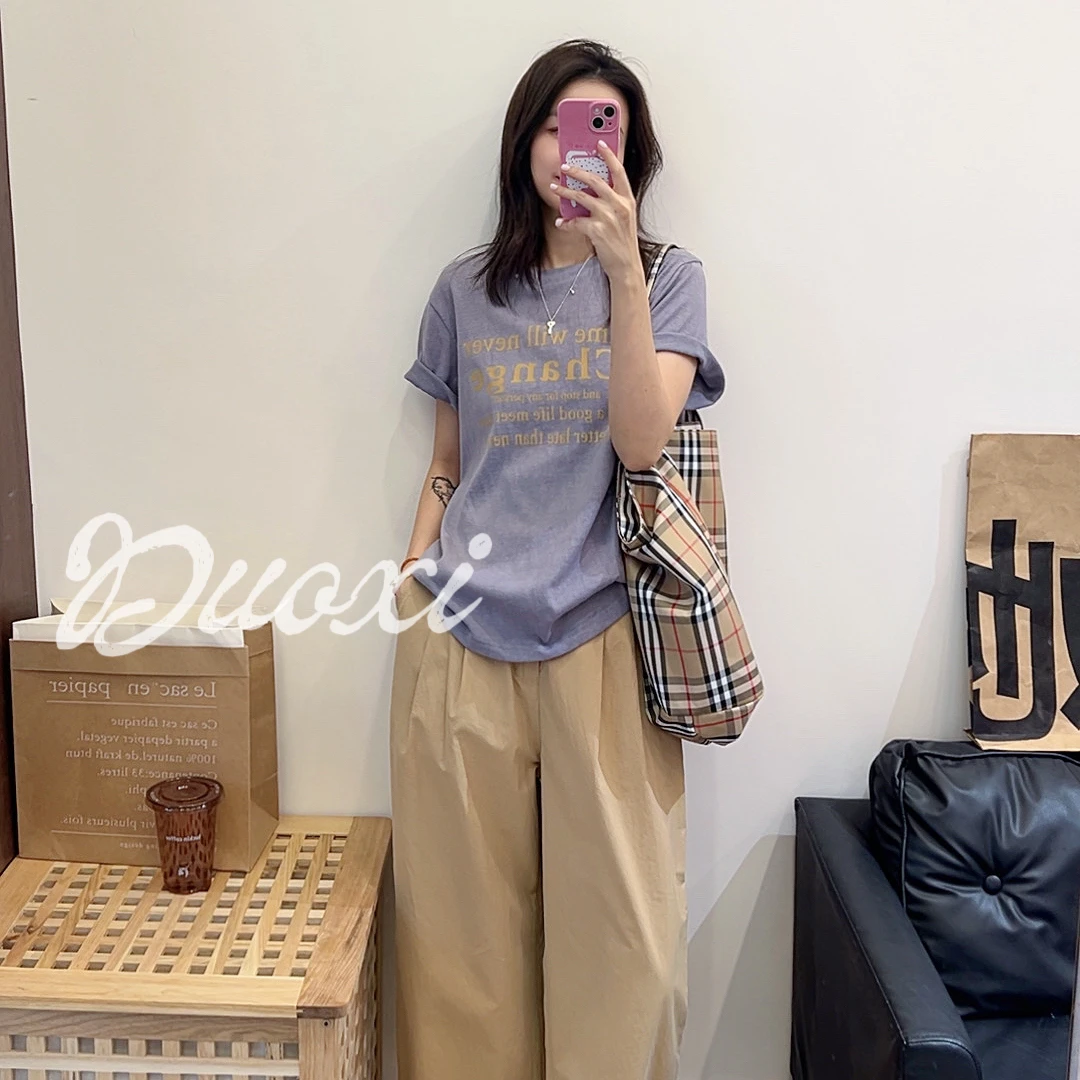 【Duoxi】"雾感印记"G2620# 满分肌理感麻棉印花圆领百搭正肩T恤