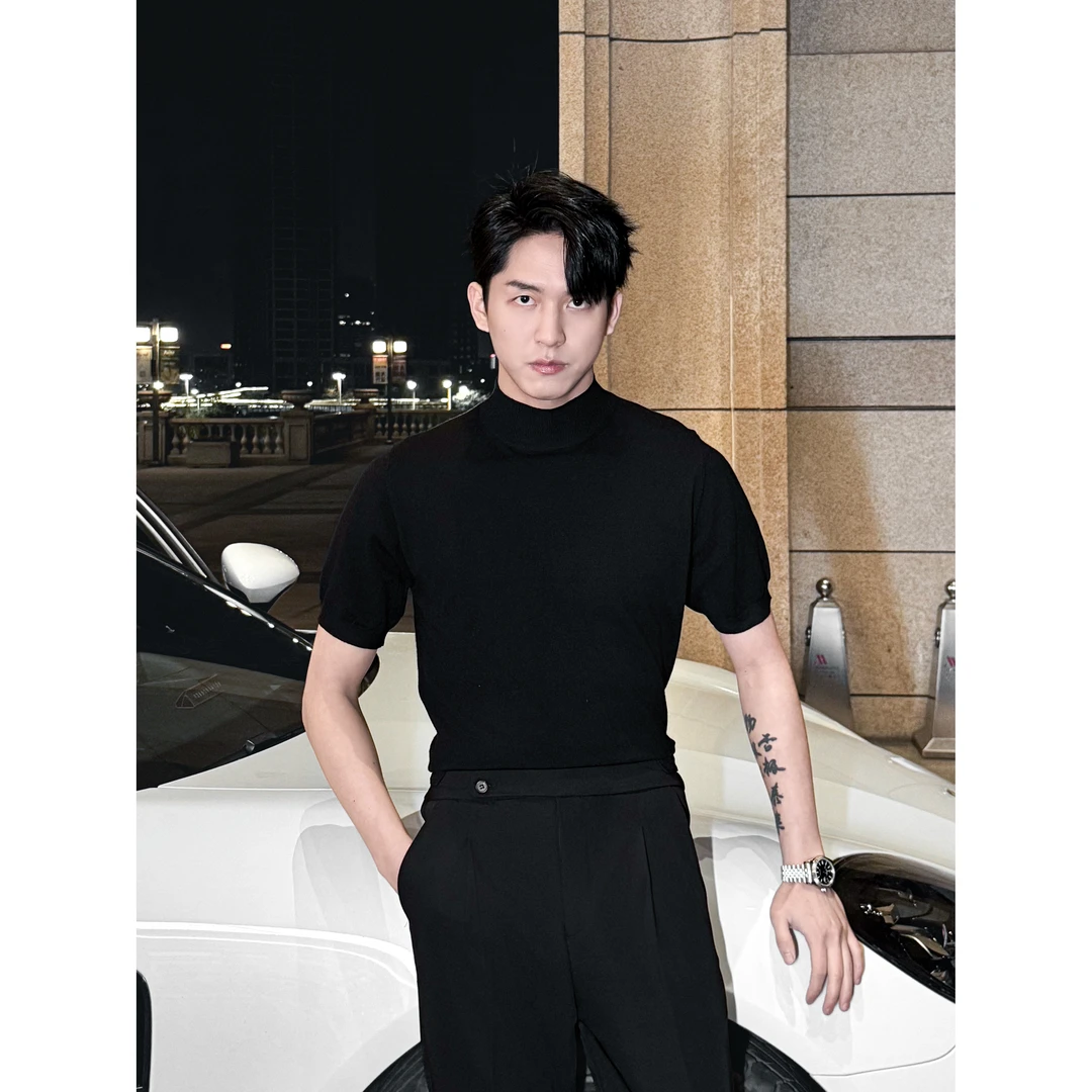 【KRUN】2025新款半高领纯色短袖莱赛尔羊毛针织衫免熨烫