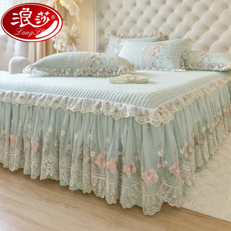 浪莎公主风蕾丝花边床裙单件夹棉床罩款床单四季通用床盖可机洗