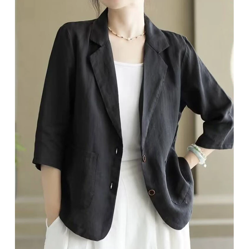 复古苎麻休闲西装女春夏新款文艺轻薄舒适显瘦上衣外套