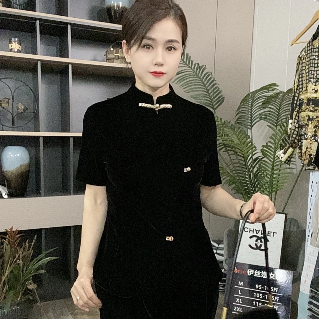 新款面膜丝绒手工盘扣气质新中式国风半袖上衣