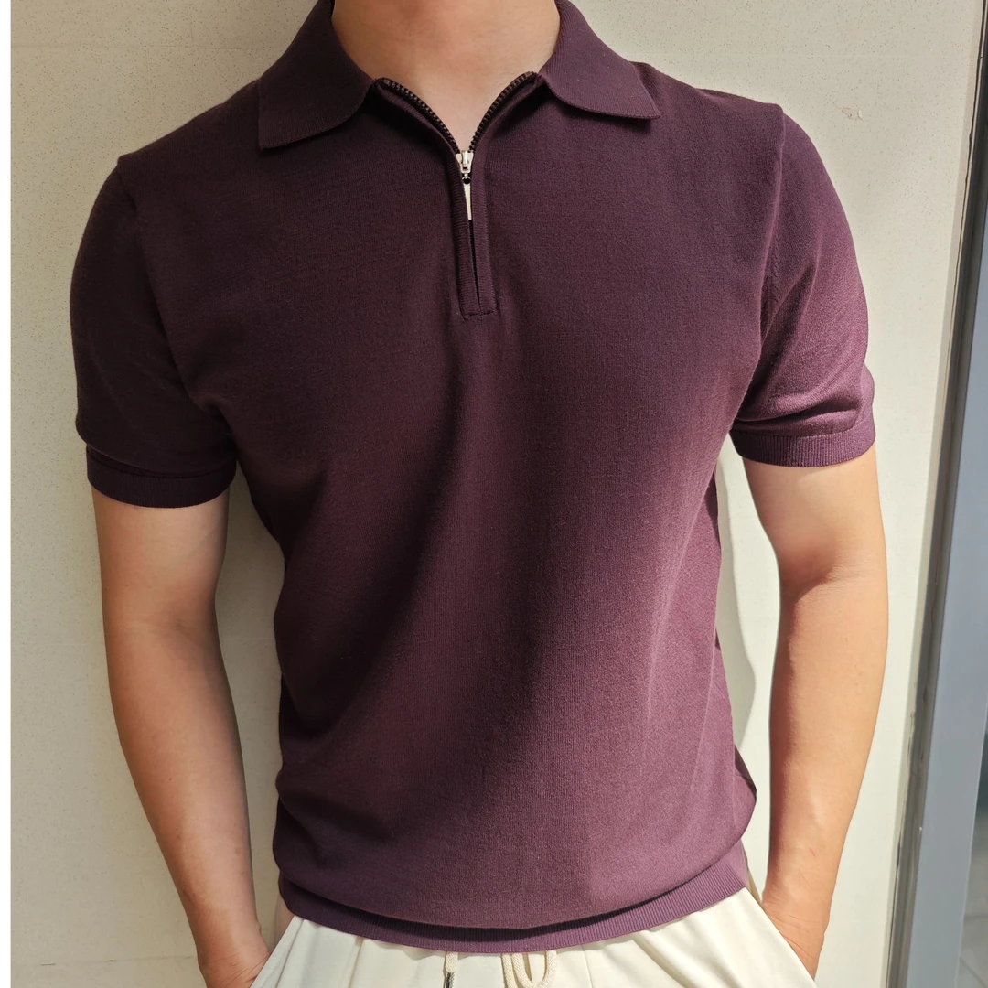 夏季男士针织T恤短袖翻领针织衫简约纯色拉链套头针织百搭款短袖