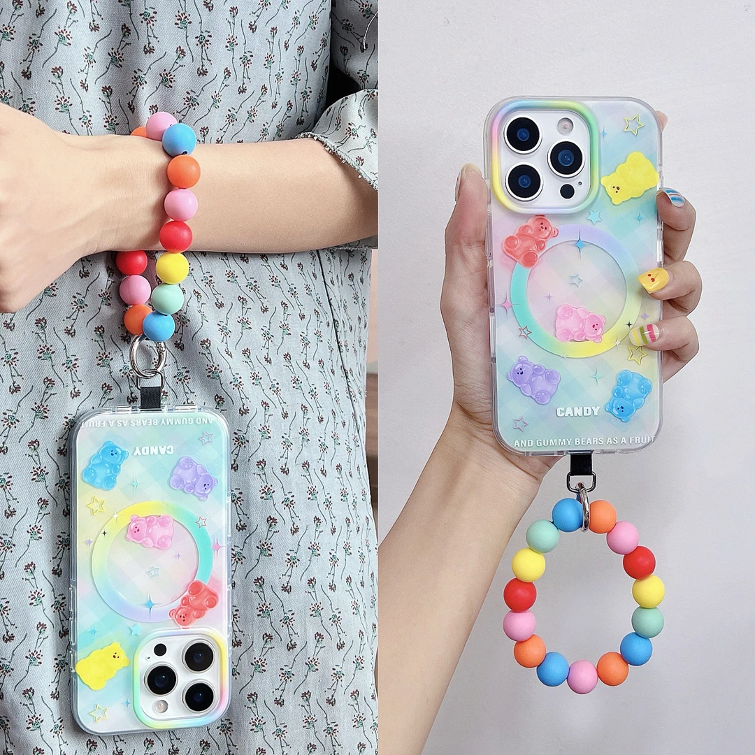 ins磁吸创意小熊糖果手拎圆环适用iphone16promax手机壳苹果15/14