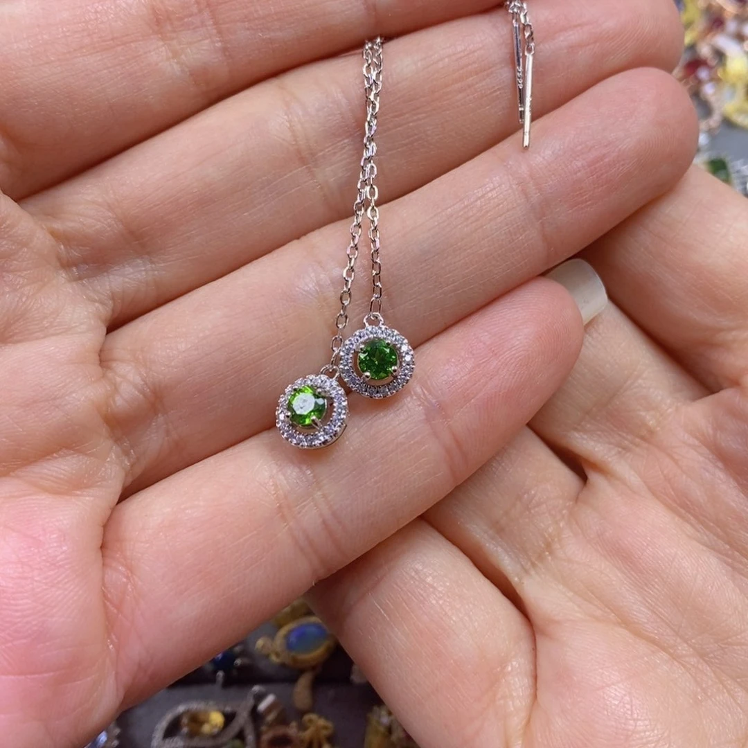 透辉石耳饰银S925镶嵌