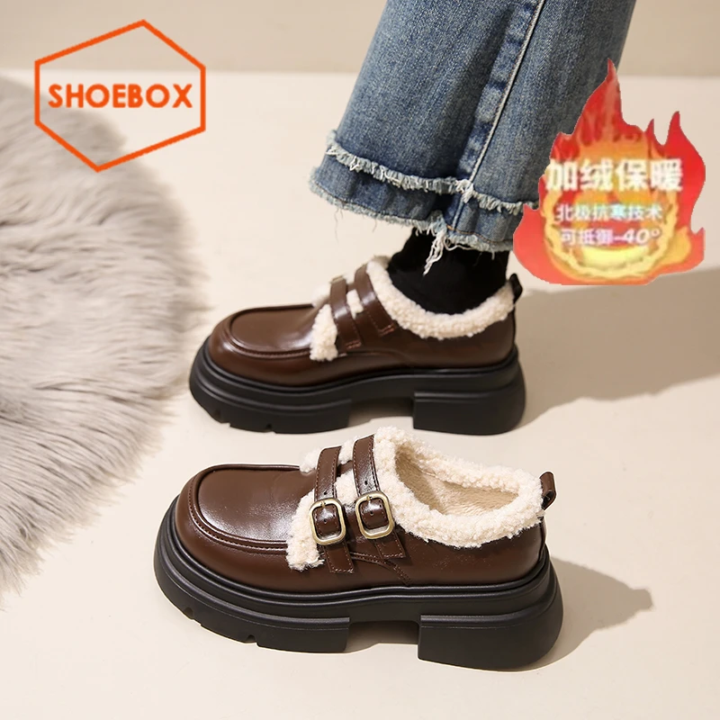 达芙妮集团旗下鞋柜厚底英伦风加绒乐福鞋女2025冬季爆款保暖棉鞋