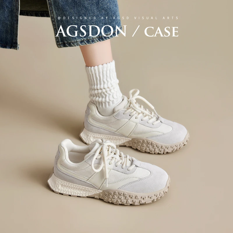 ~奥古狮登阿甘鞋女款2025新款秋冬真皮厚底芭蕾德训鞋小白运动鞋W