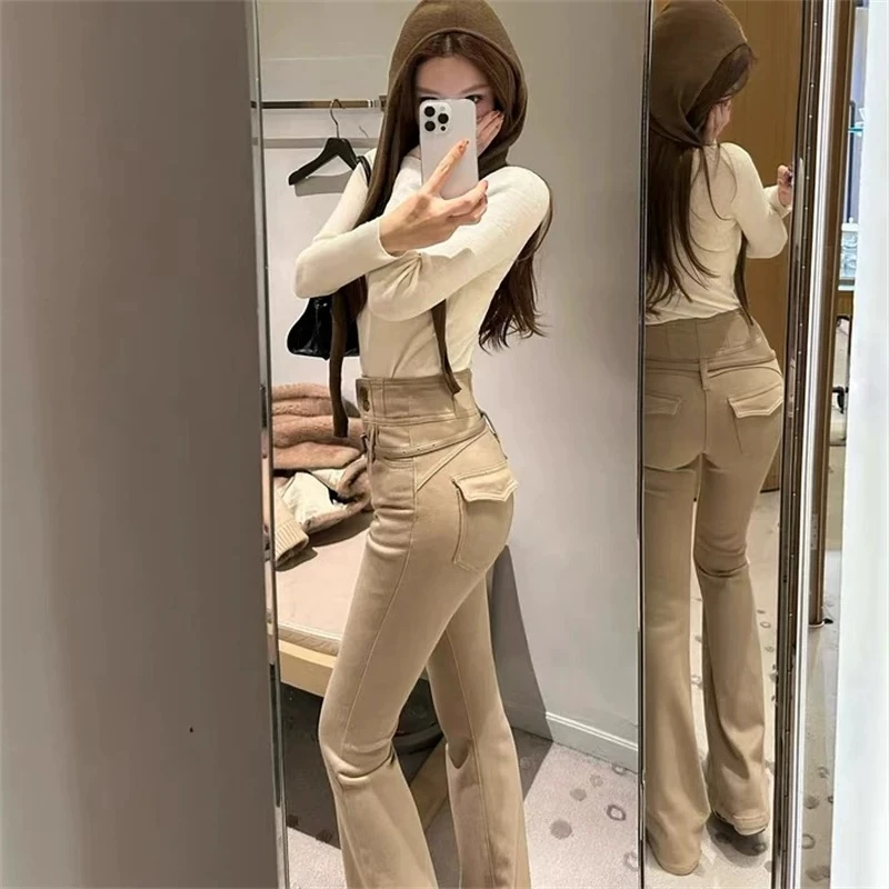 卡其色微喇牛仔裤女冬季2025年新款高腰修身显瘦时尚弹力喇叭裤子