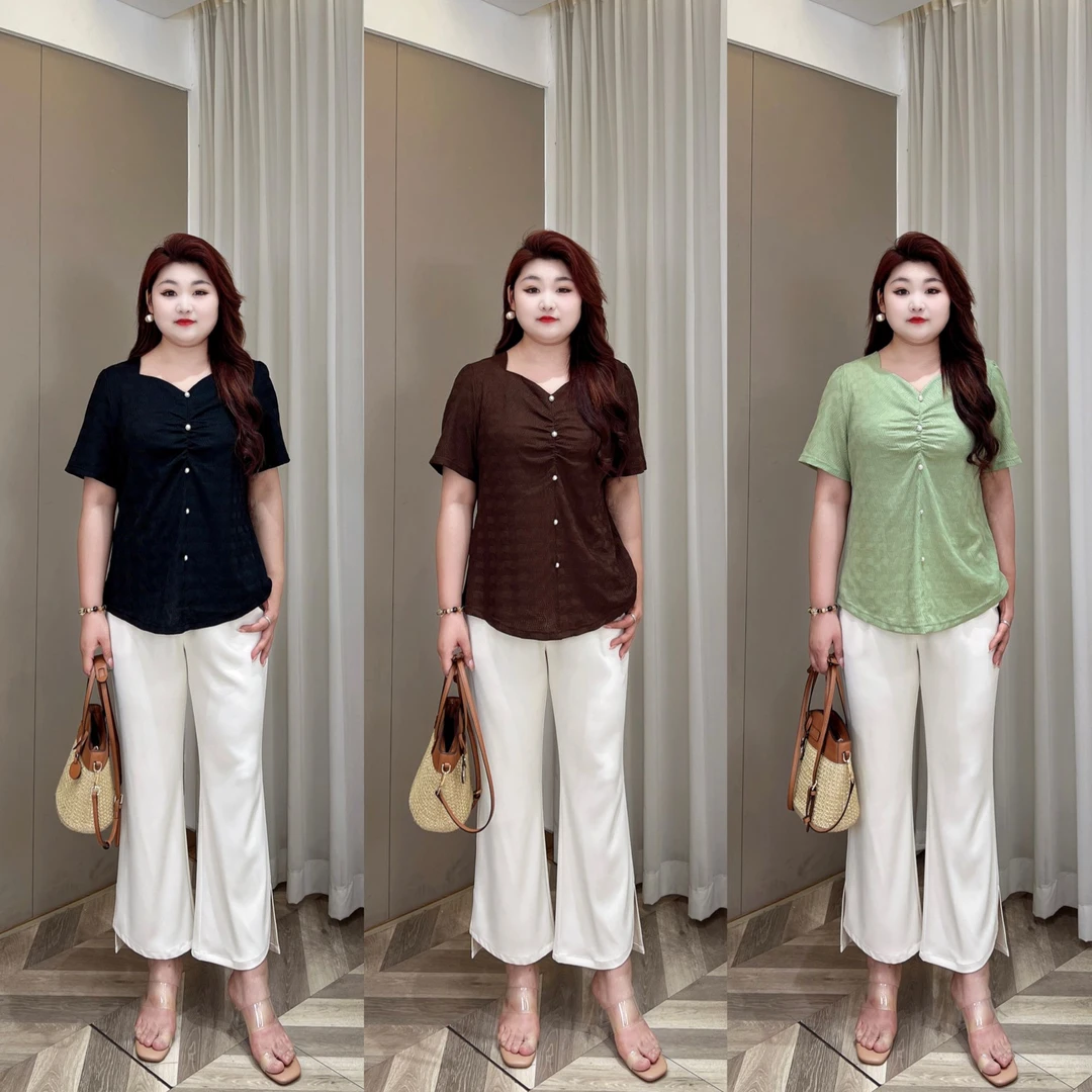 上衣【悦林大码】PMM81957夏季新款气质百搭褶皱短袖大码女装T恤