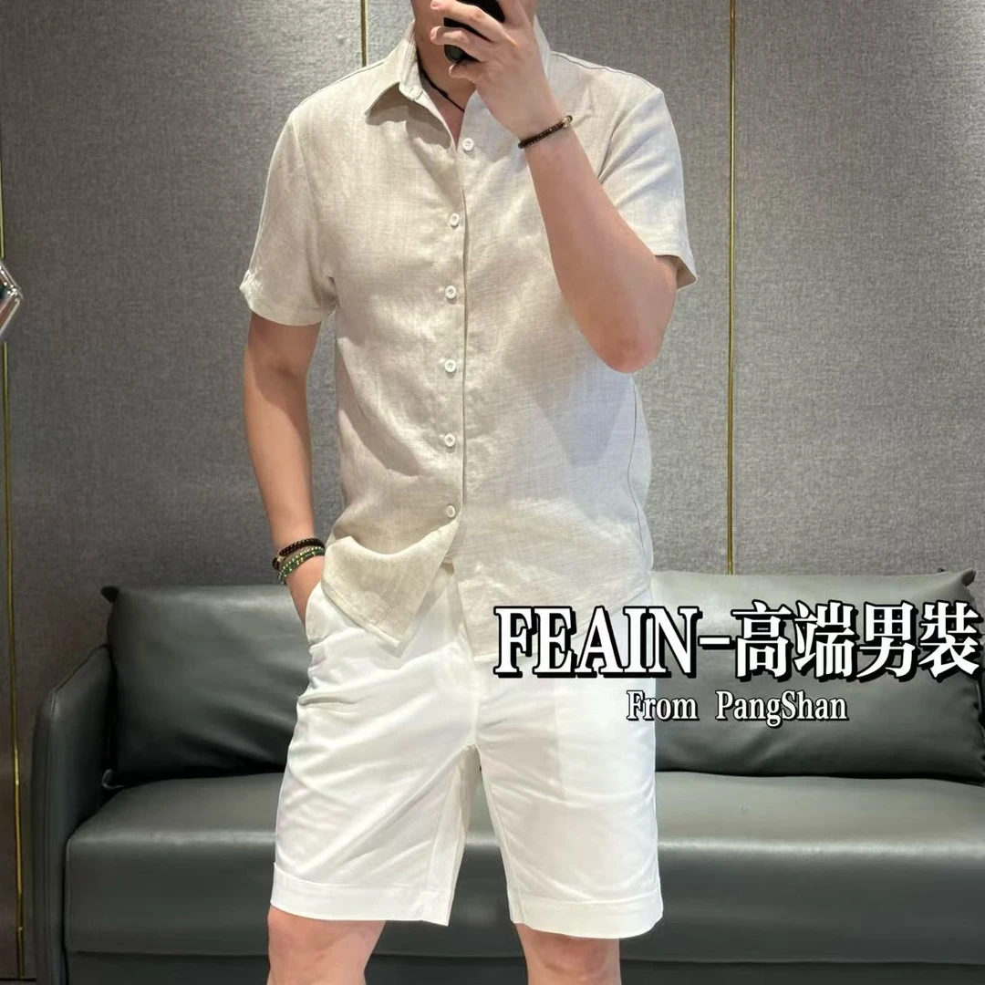 1【100%亚麻】高端男士老钱风进口亚麻短袖衬衫6661