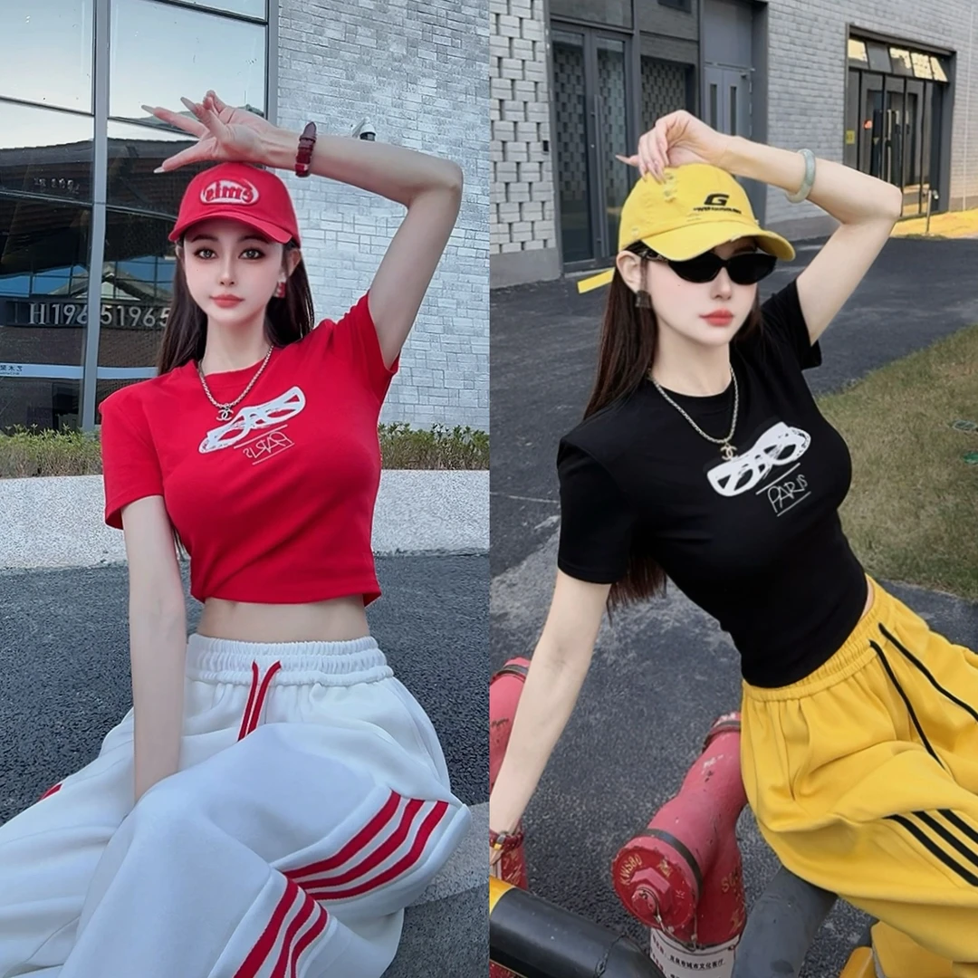 【大大梨】时尚墨镜印花百搭显瘦ins风短款垫肩T恤女there925