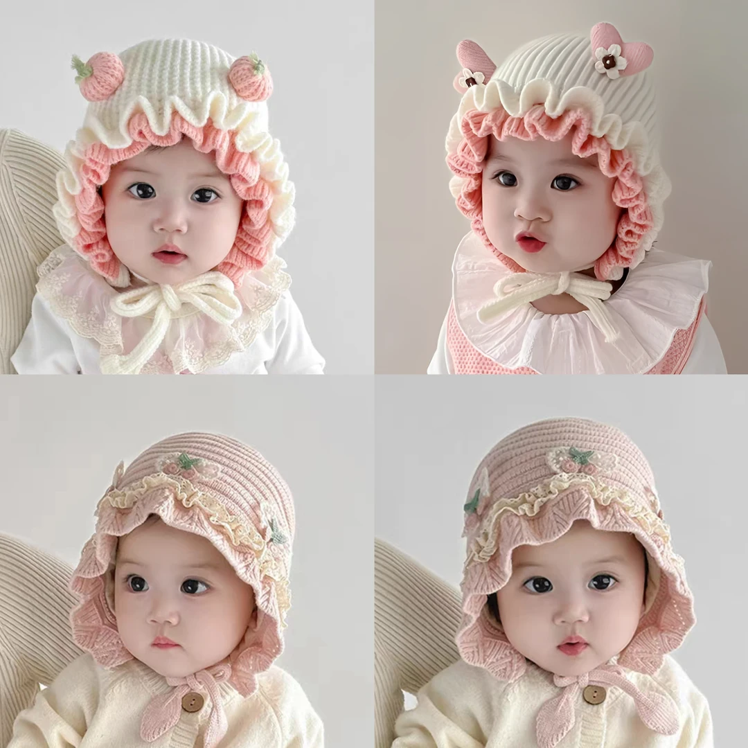 女宝宝帽子秋冬季毛线帽婴儿冬天加厚保暖公主女童护耳帽婴幼儿潮