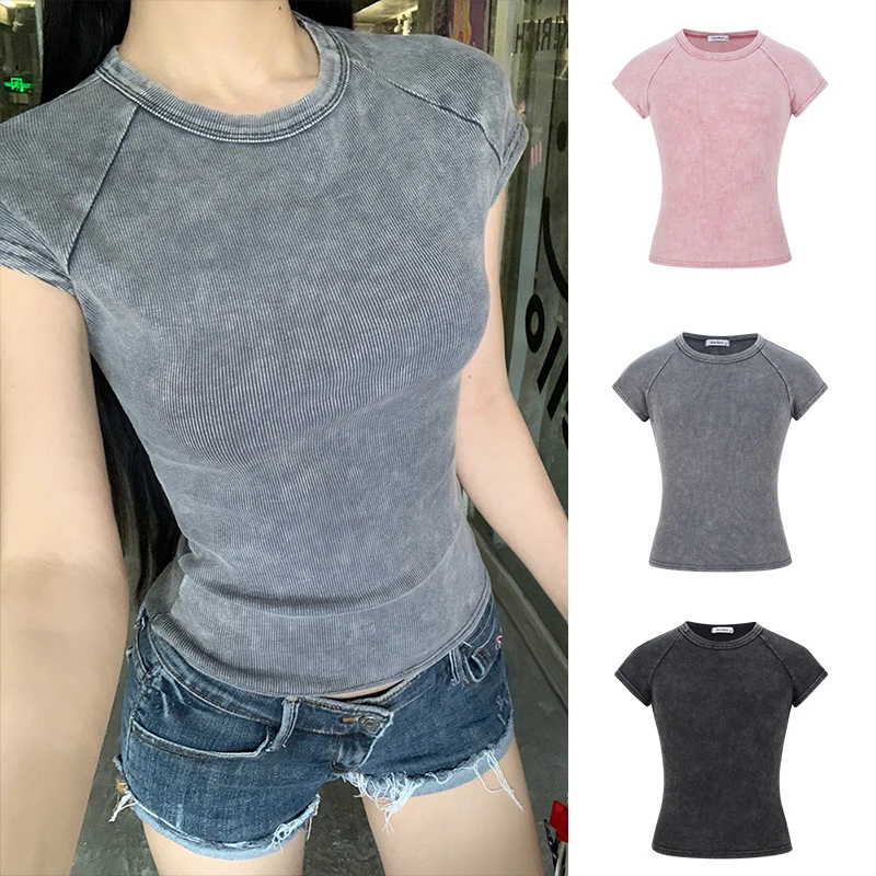 MosesQueen/魔西女王 美式复古水洗做旧短袖T恤明线撞色插肩上衣