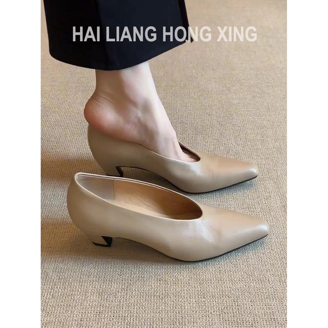 羊皮~法式尖头单鞋女2025新款配裙子浅口气质通勤粗跟裸色高跟鞋