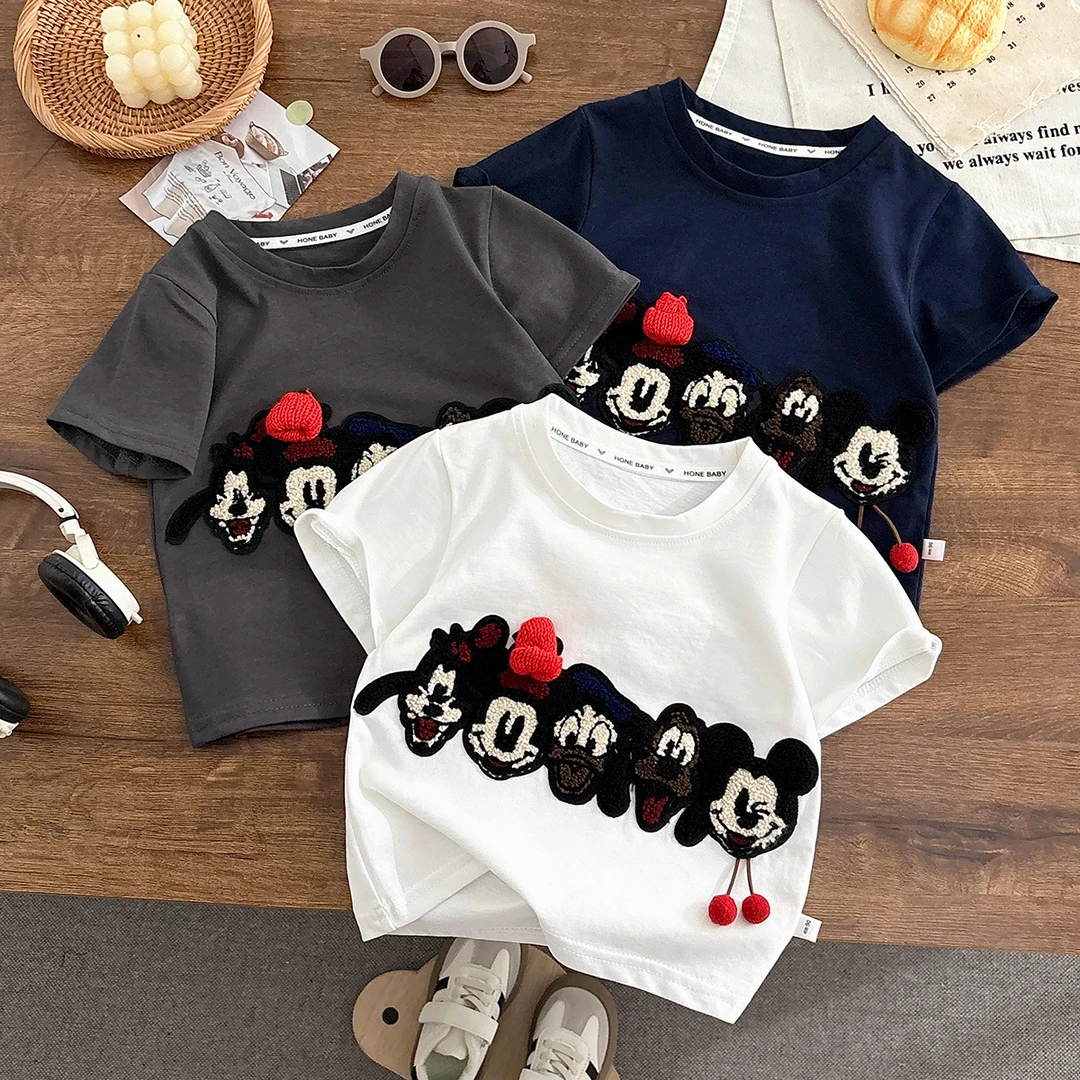 纯棉夏季儿童亲子装2025新款卡通玩偶宽松短袖中大童t恤韩版女童