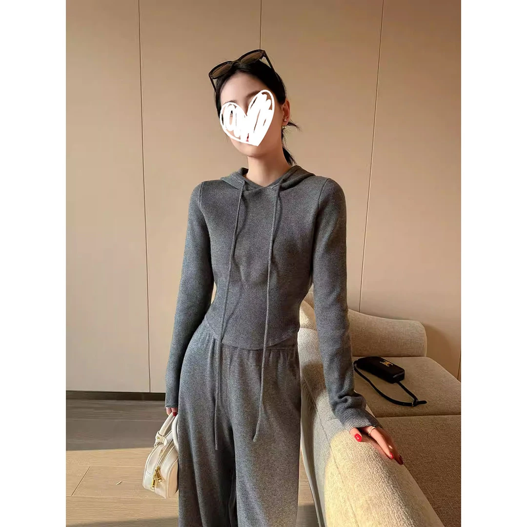 简约高级感修身针织上衣女2025新款慵懒风百搭直筒阔腿长裤两件套