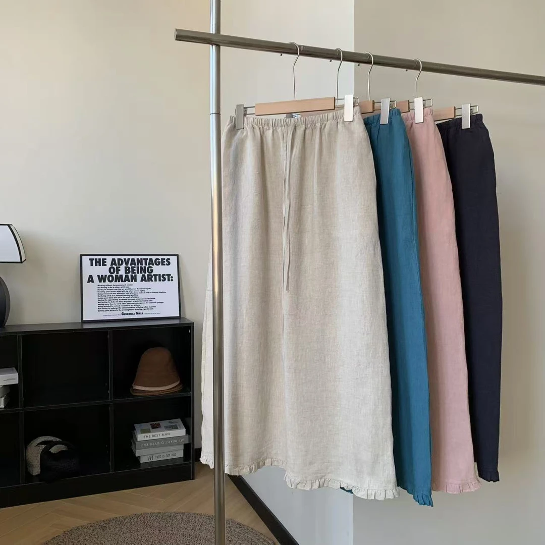 素心轻奢2025夏100%亚麻松紧腰半身裙花边直筒宽松薄款a字中长裙