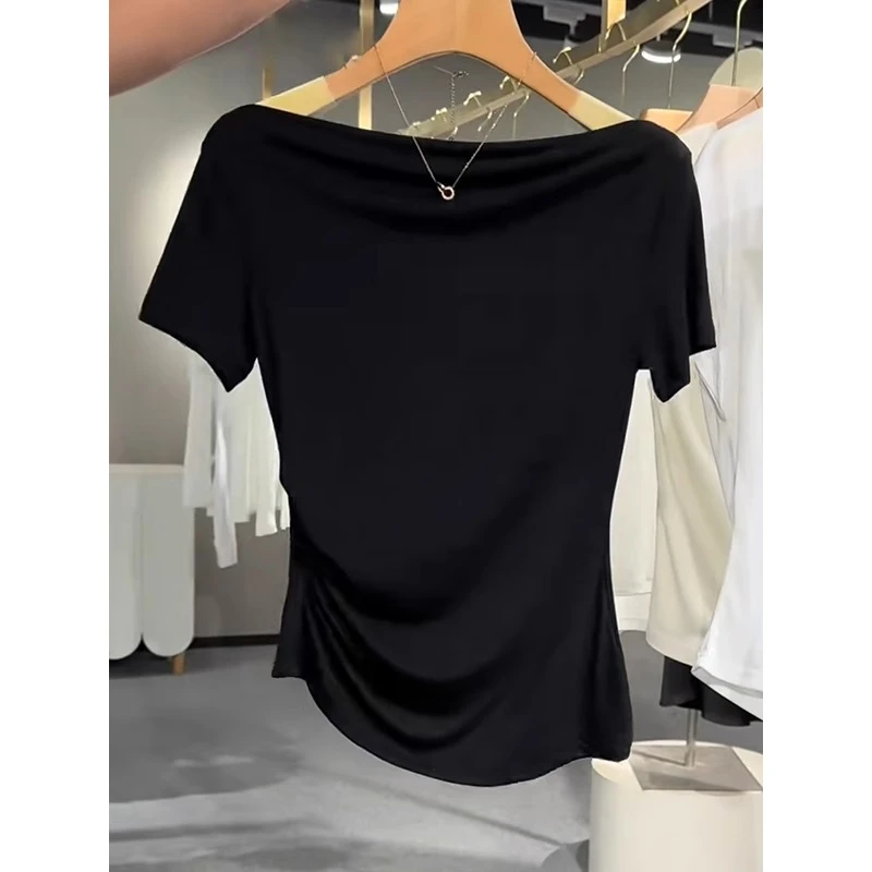 黑色冰丝短袖t恤女2025夏季新款气质百搭显瘦短款一字肩上衣体恤