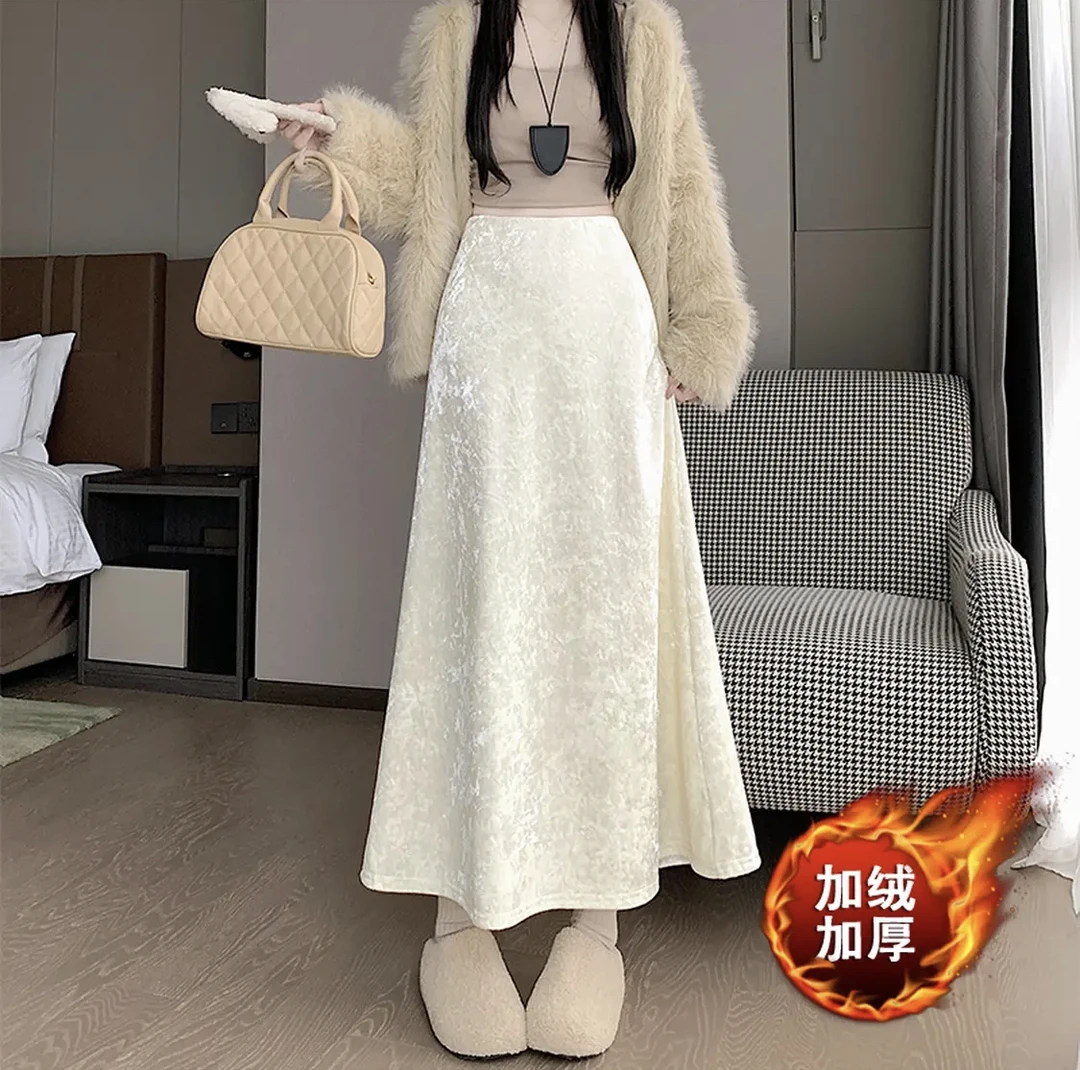 冬季新中式冰花密绒加绒A字半身裙［重磅加密］不沾毛百搭显瘦