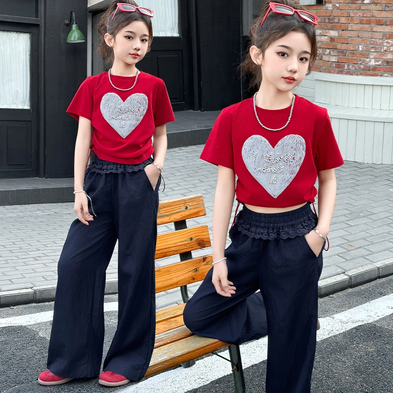 女大童夏季套装洋气2025新款6-12岁大童女孩时髦显瘦阔腿裤两件套