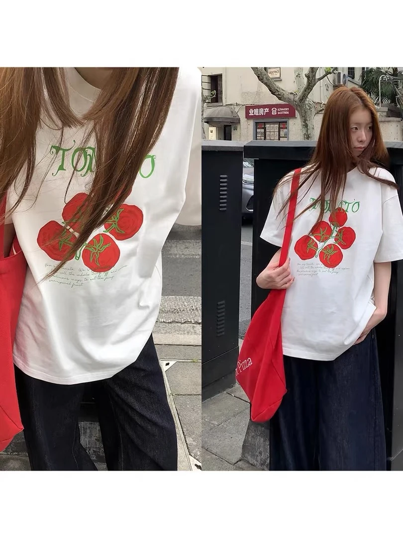 短袖番茄印花趣味设计tee美式复古休闲纯棉半袖上衣