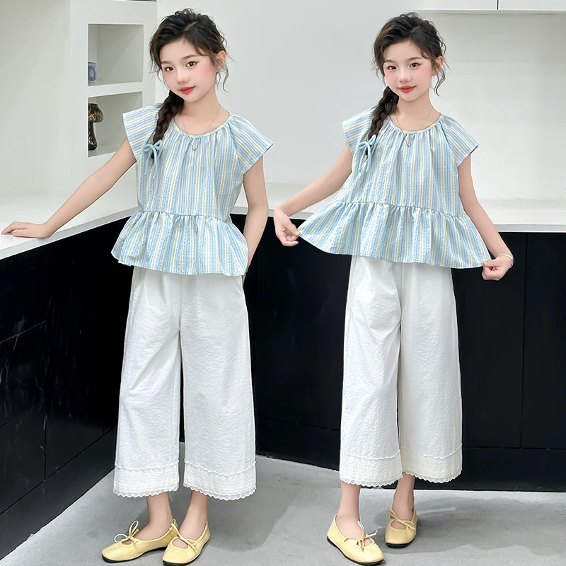 女童夏季薄款无袖条纹短袖套装中大童女孩休闲花边七分裤两件套装