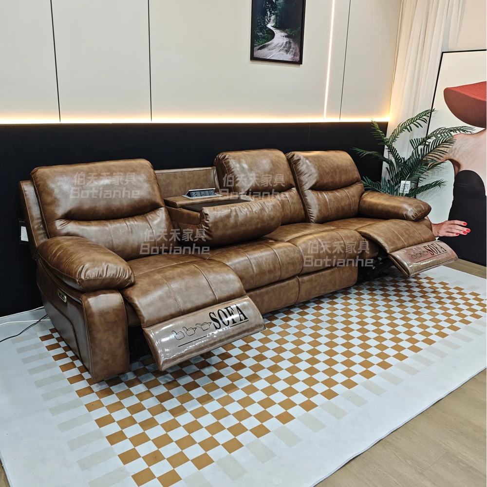 伯天禾669#太空舱轻奢中式复古油蜡皮客厅意式家用功能电动头等舱