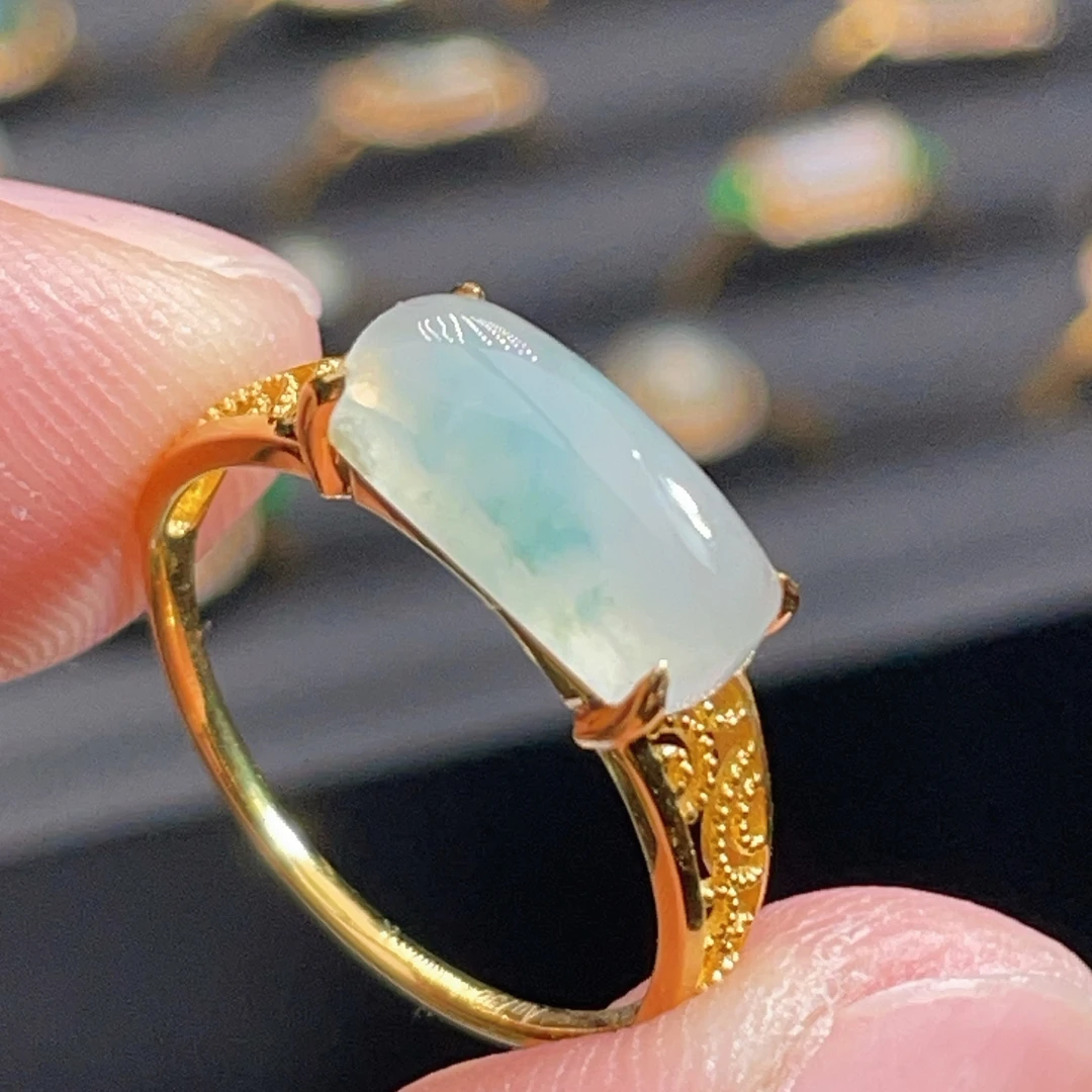 18K金天然翡翠A货-冰马鞍戒指K黄2380飘花镶嵌珠宝玉石飘花