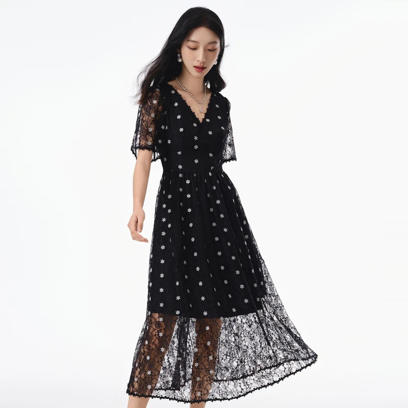 【玫瑰剪影裙】浪漫连衣裙V领DOUBLOVE贝爱2024春夏春游新款