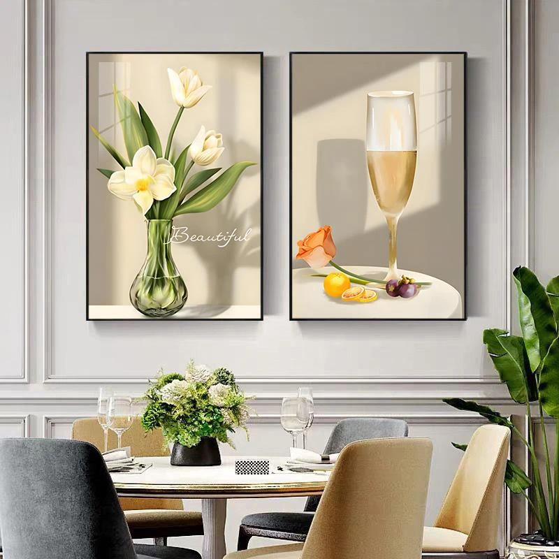 高档餐厅装饰画现代简约花开富贵酒杯组合镶钻晶瓷画二联餐厅挂画