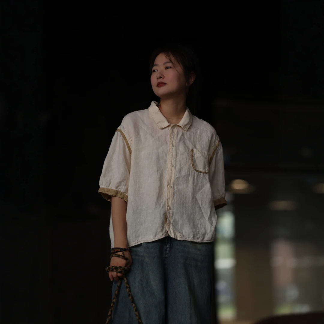 衣路走来原创设计夏季薄款麻翻领小口袋短袖上衣38724