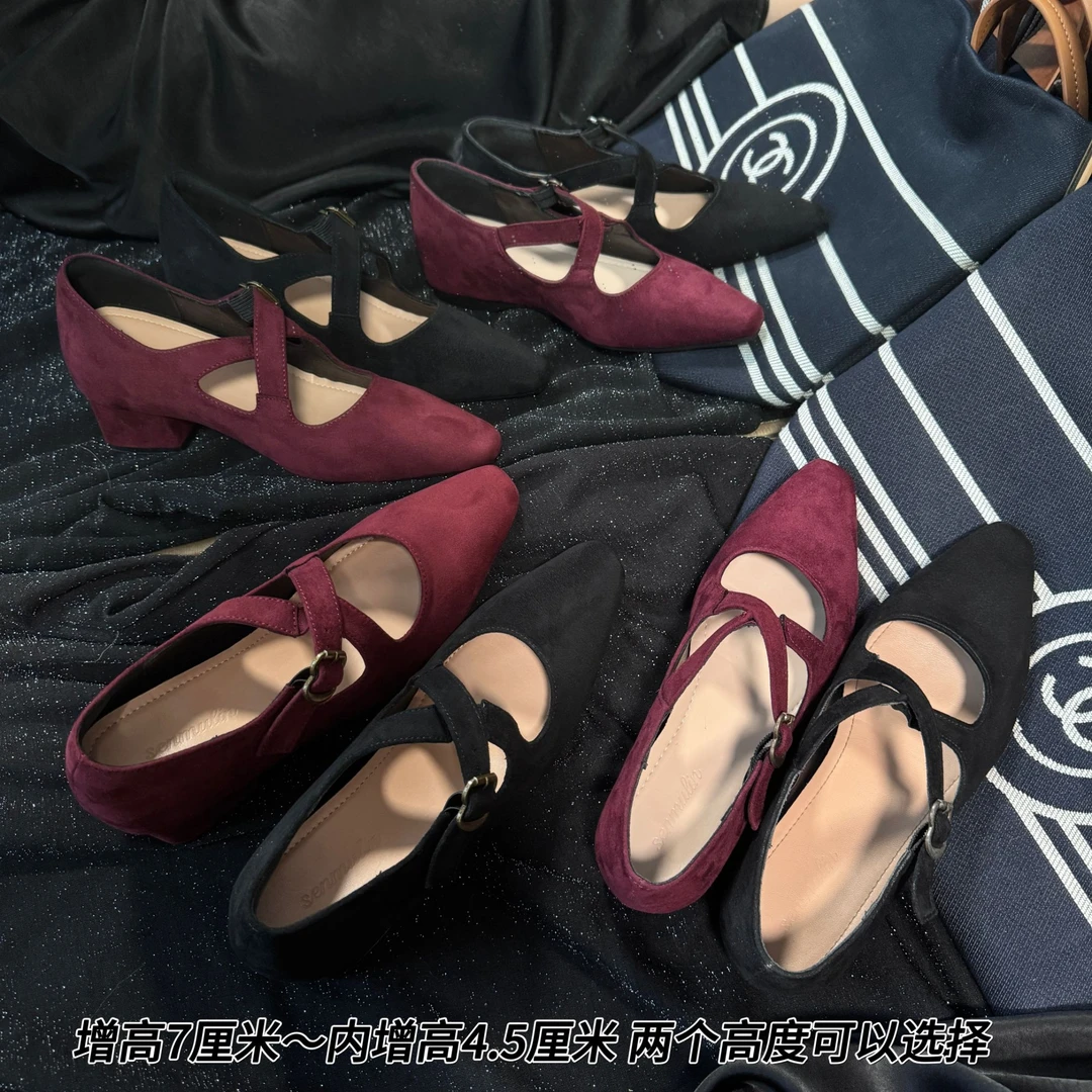 【内增高4.5-7cm】DUOZHEN法式复古交叉绑带时尚方尖头气质百搭单鞋