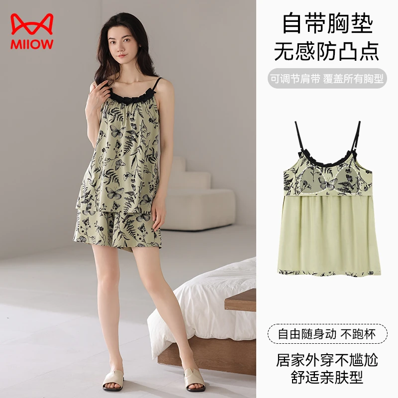猫人短裤夏季成人女薄款透气睡衣胸垫大码女款性感吊带裙新款睡衣