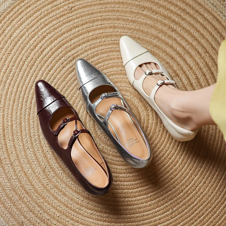 里外纯皮～牛皮5cm尖头中跟百搭玛丽珍气质女浅口单鞋春秋韩版细跟