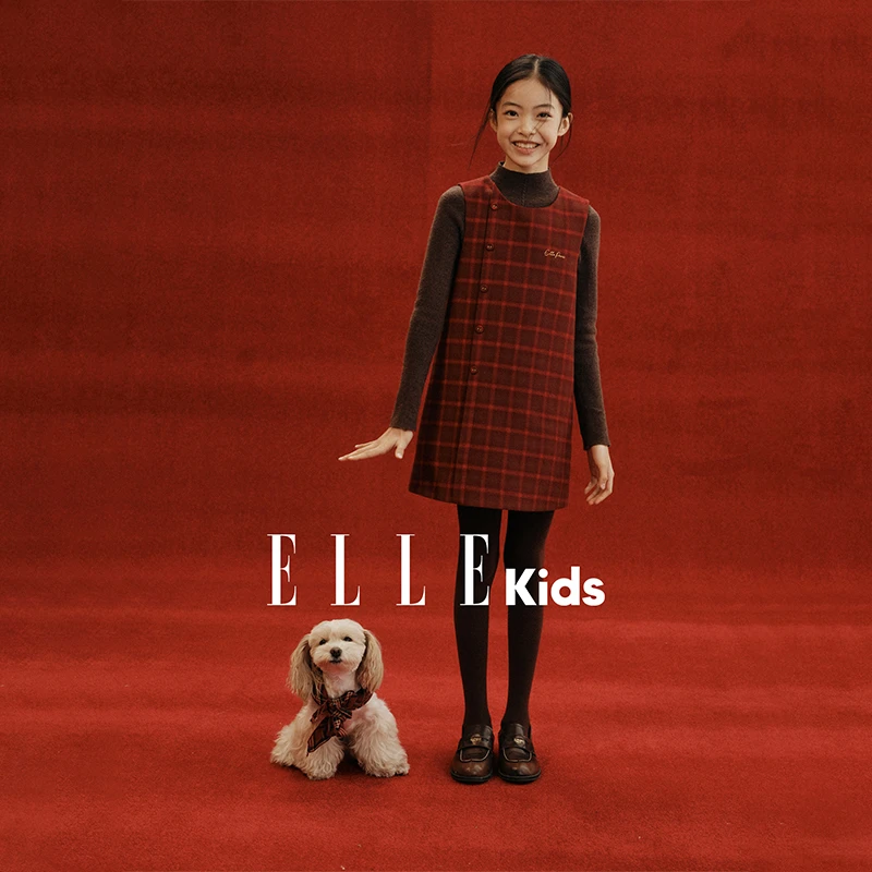 ELLEKIDS童装 圣诞新年感格纹呢背心裙女童秋冬节日氛围复古裙D6