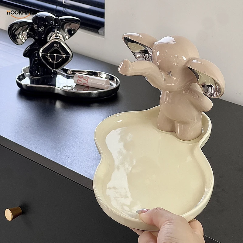 创意设计大象造型玄关钥匙收纳架轻奢陶瓷小摆件口红化妆品收纳盘