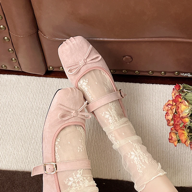 蝴蝶结法式单鞋浅口鞋秋冬绒面豆豆鞋方头复古女鞋软底浅口乖乖鞋