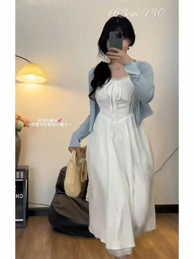 欧洲站。蕾丝拼接纯欲风收腰显瘦遮胯吊带+披肩连衣裙